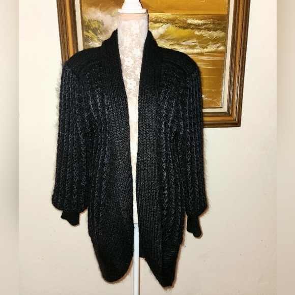 Vintage 1980s Wool Blend Black Knit Sweater Cardigan Jacket by Belldini - Picture 2 of 6